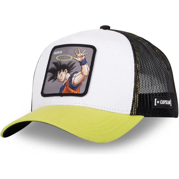 Boné trucker branco, preto e amarelo Son Goku ANG Dragon Ball da Capslab Caps Lab